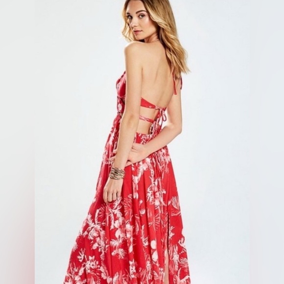 Free People Lille Printed Maxi Halter Dress Raspberry Red Endless Summer Beach L - Picture 3 of 15